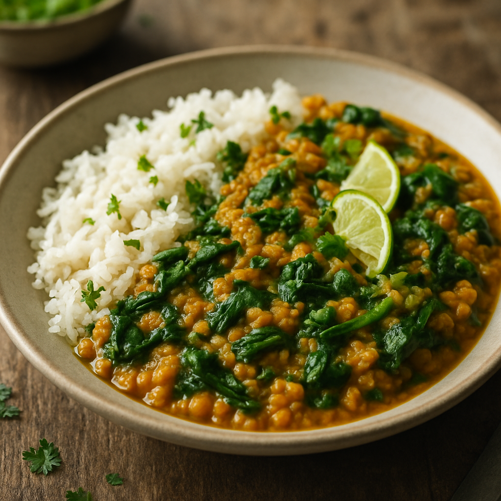Spinat-Dal mit roten Linsen & Reis